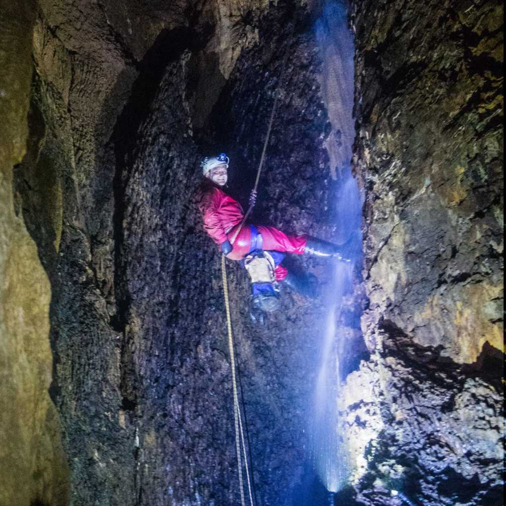 Abseiling down the waterfall in T1. Photo: Pete Baxter